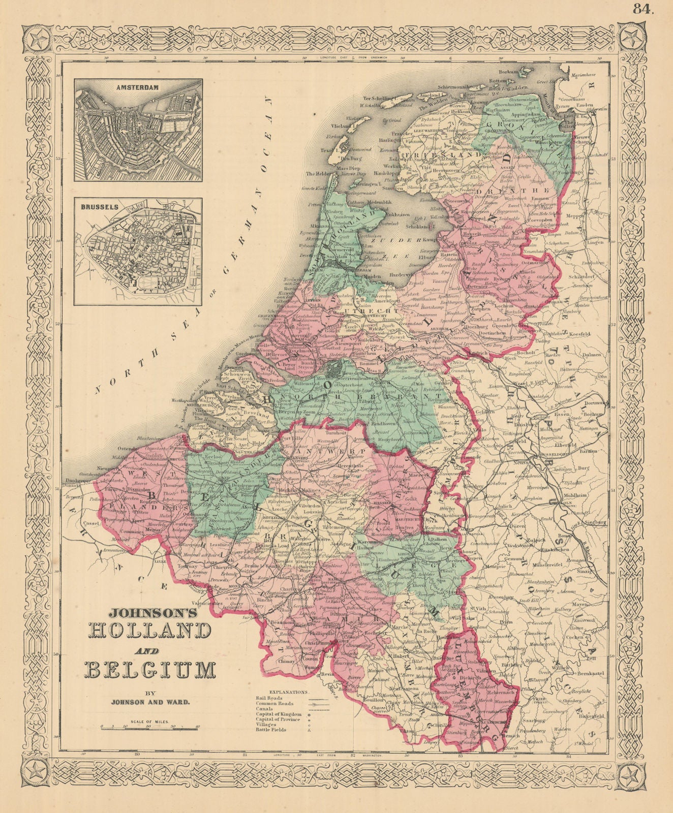 Johnson's Holland & Belgium. Benelux. Amsterdam & Brussels. Luxembourg 1866 map